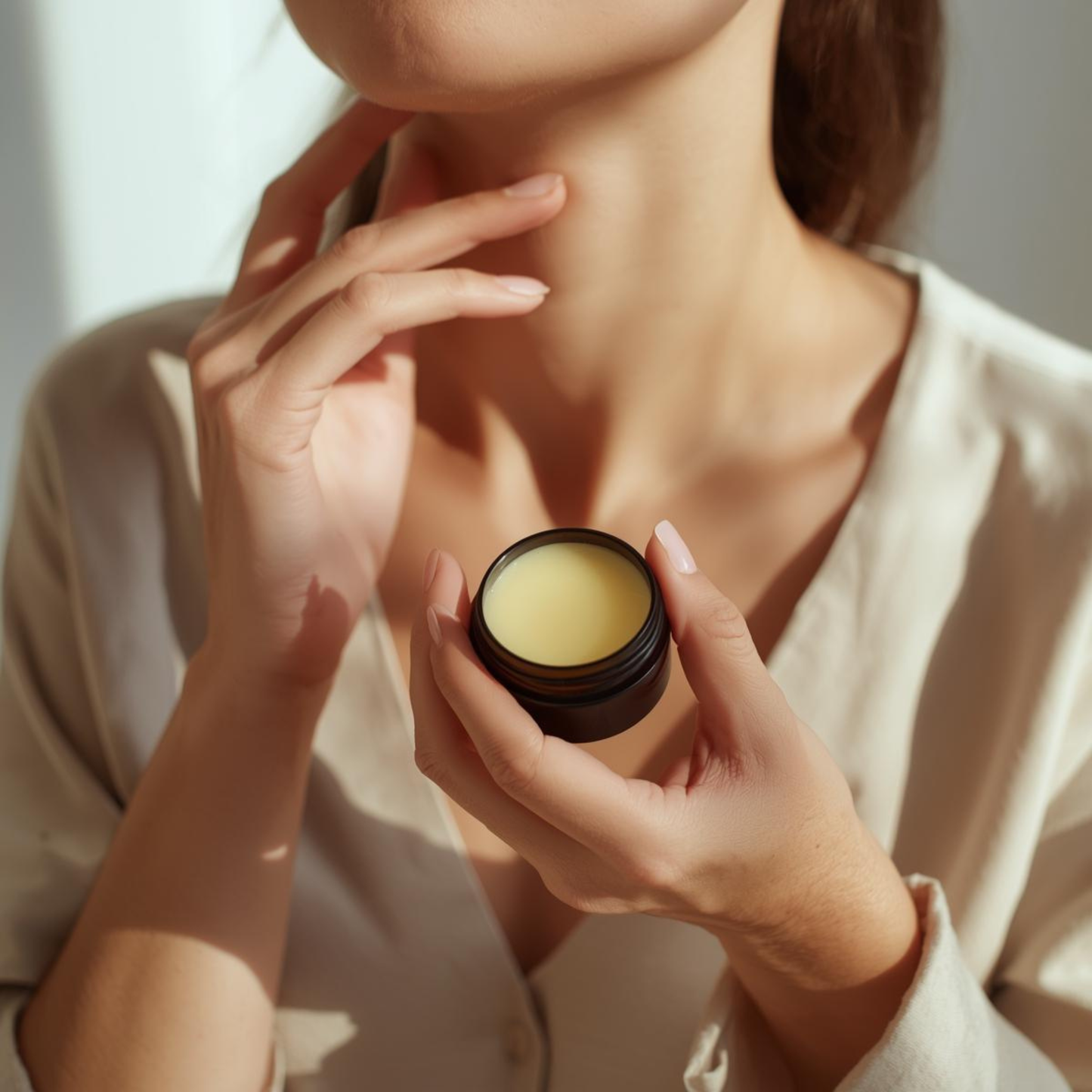 Gentle aromatherapy balm applied on pulse for a calming ritual