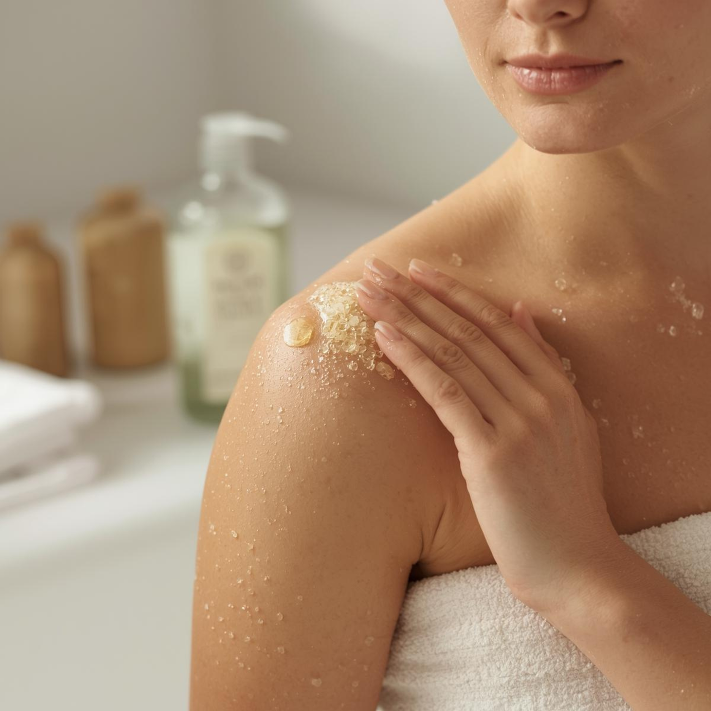 Woman applying a skincare product to her shoulder in a bathroom setting