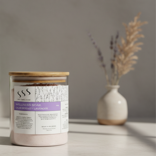 A jar of lavender wellness soak with wooden lid on a surface, with a blurred background featuring a vase with dried plants.