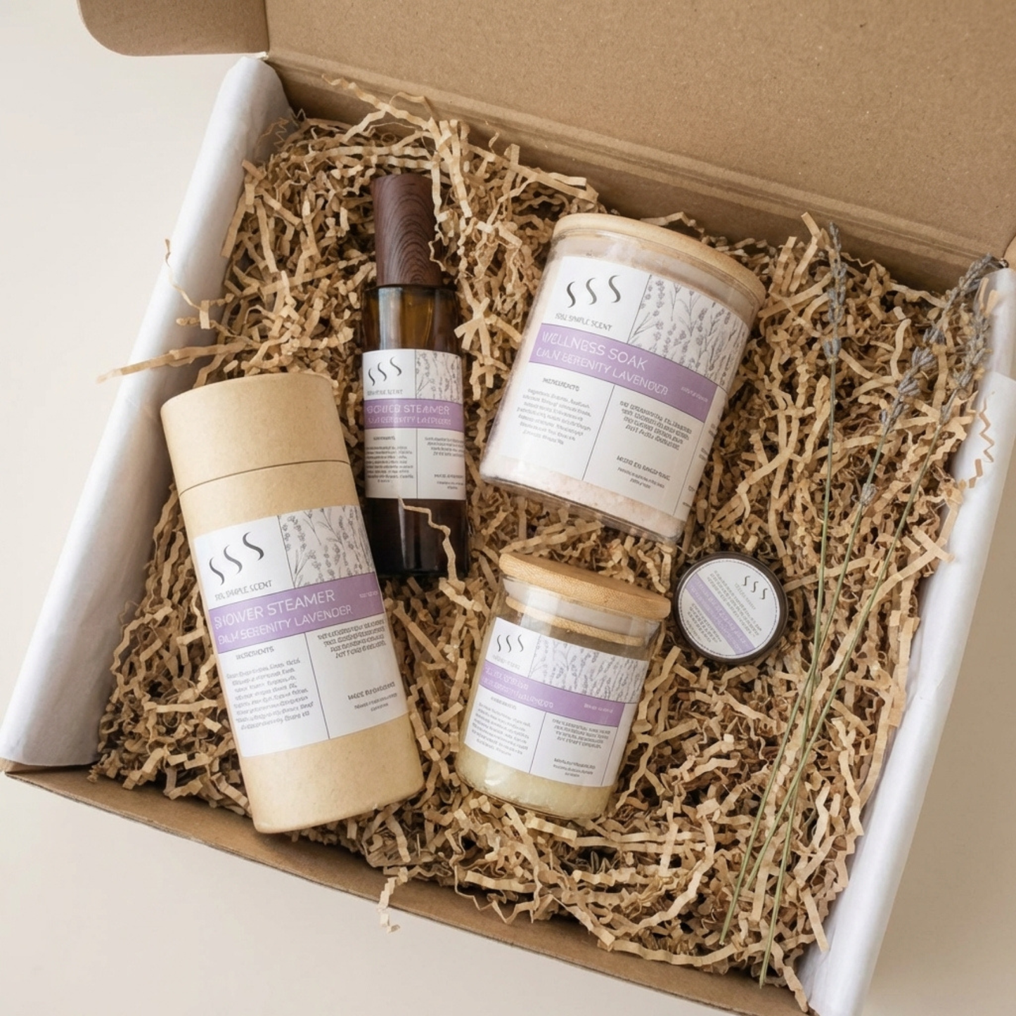 Calm Serenity lavender aromatherapy gift set with mist, scrub, soak, balm and shower steamers. 