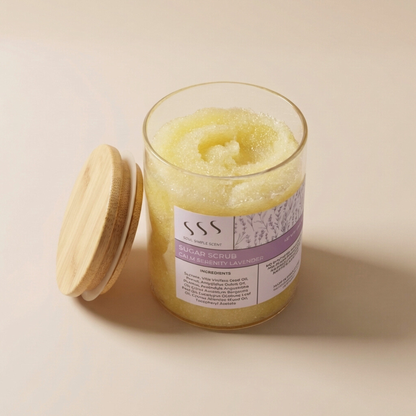 Lavender sugar scrub texture with natural oils for exfoliating and softening skin
