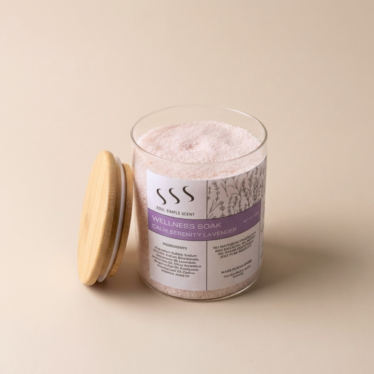 Lavender wellness soak bath salts texture with mineral salts for relaxing bath rituals