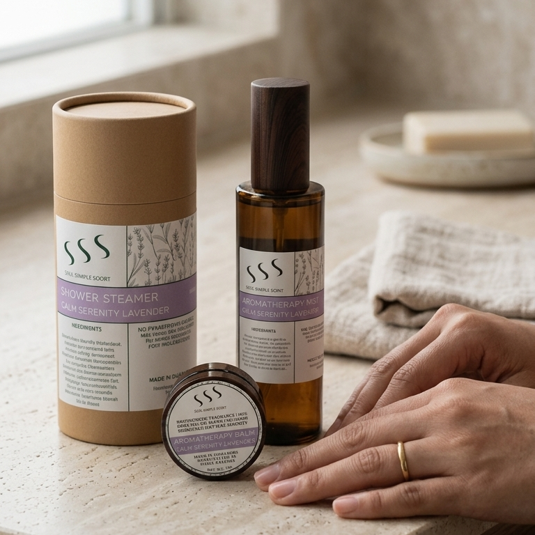 Soul Simple Scent Calm Serenity aromatherapy collection featuring a handcrafted shower steamer, lavender mist, and pocket balm on a minimalist stone counter.