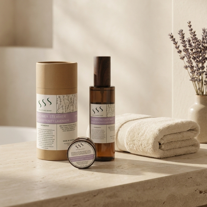 Soul Simple Scent Complete Quiet Reset Trio featuring handcrafted lavender shower steamers, 100ml aromatherapy mist, and 15g pocket balm.