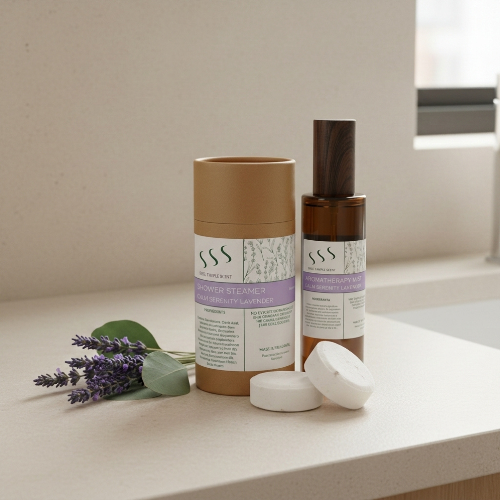 Soul Simple Scent Home Spa Sanctuary Set featuring handcrafted lavender shower steamers and a 100ml aromatherapy mist bottle on a stone surface.