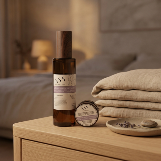 Handcrafted lavender aromatherapy mist and pocket balm set styled in a serene room with soft natural lighting for a quiet self care ritual.