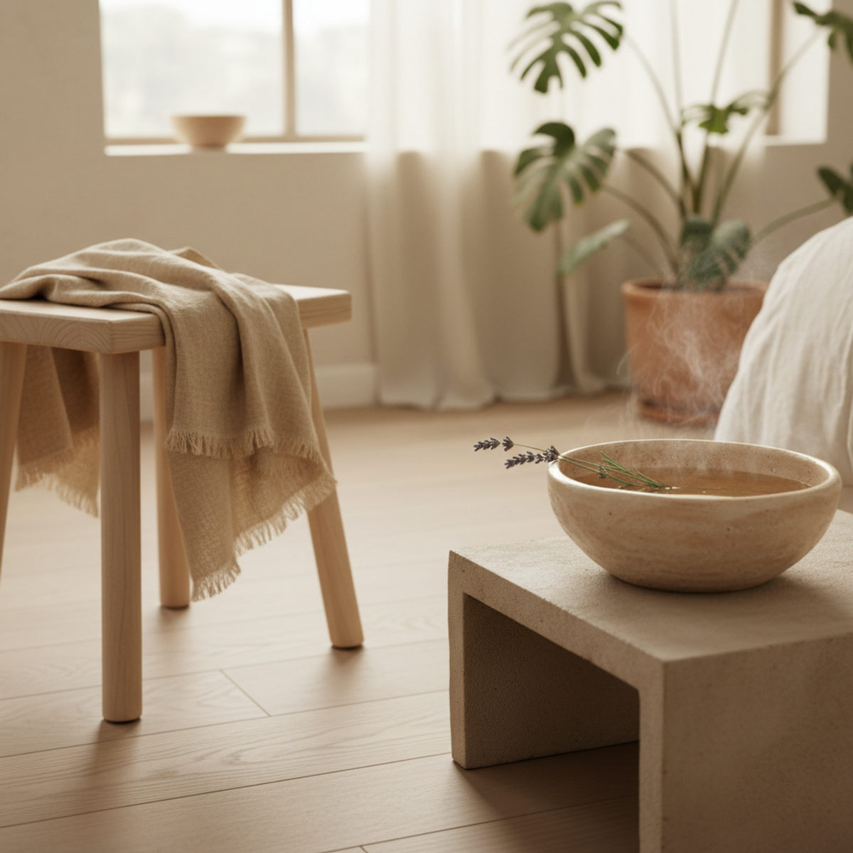 Soul Simple Scent mindfulness ritual scene with a steaming bowl of lavender infusion on a concrete table, a folded linen cloth on a wooden stool, and a large Monstera plant in a sunlit minimalist room.