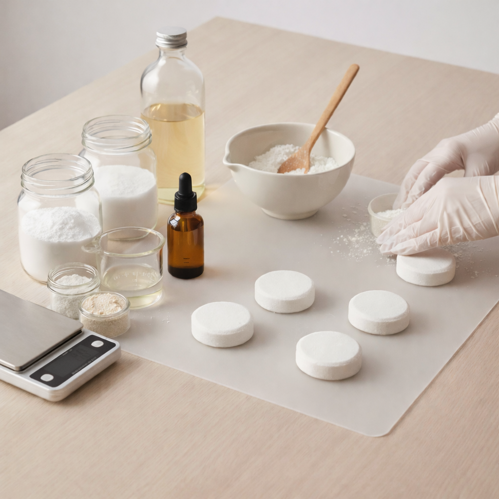 Soul Simple Scent small batch crafting process featuring gloved hands pressing white aromatherapy shower steamers beside glass jars of raw ingredients, a digital scale, and an essential oil bottle.