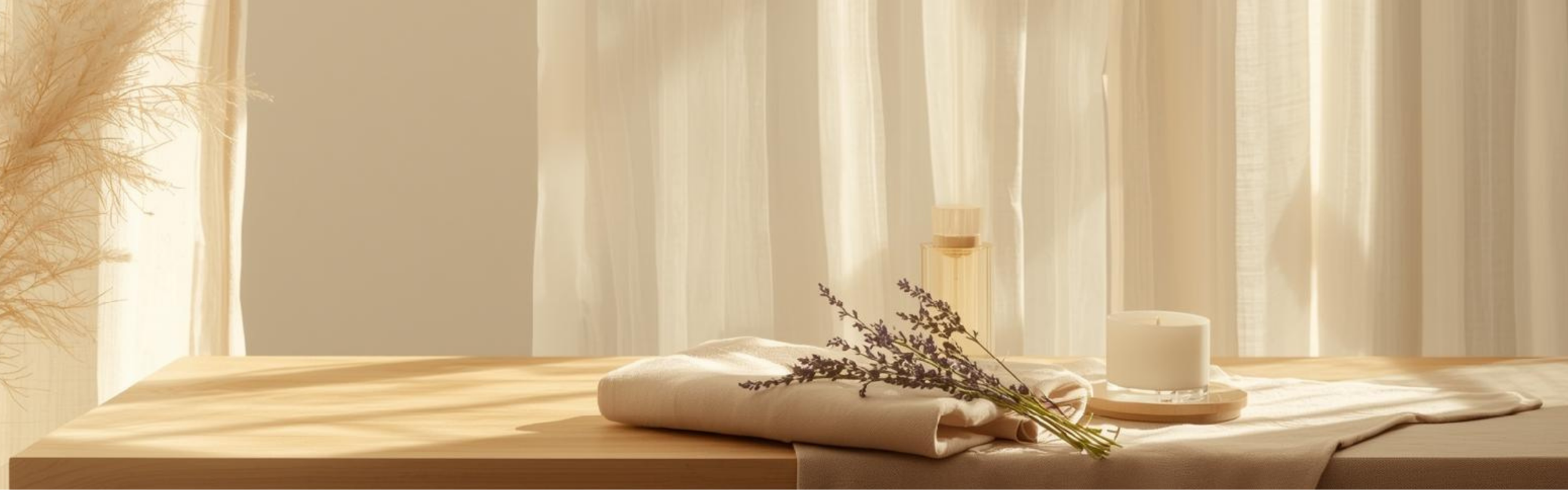 Calm self care ritual setting with soft lighting, lavender, and minimalist wellness aesthetic