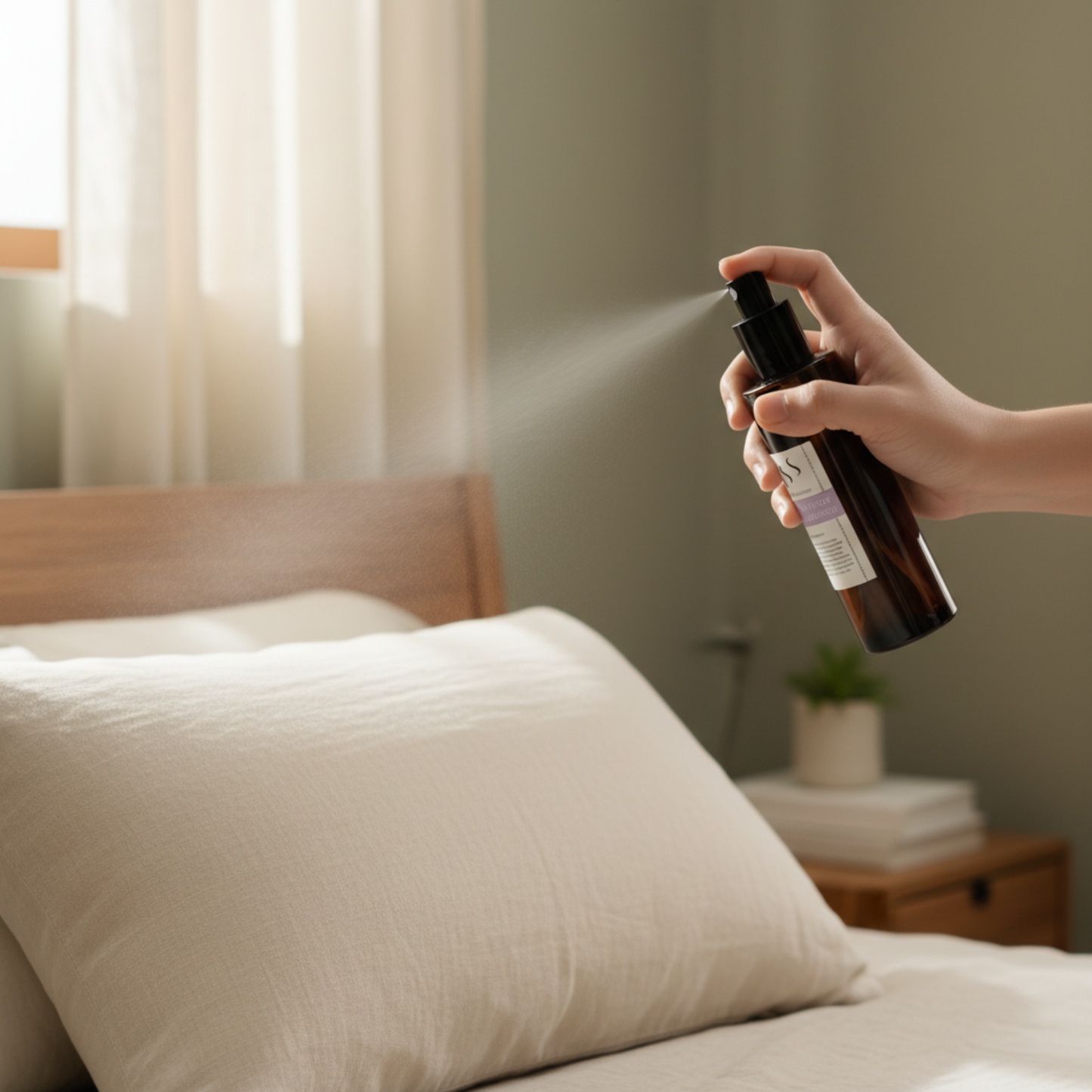hand spraying lavender pillow mist onto bed linen in cosy bedroom setting