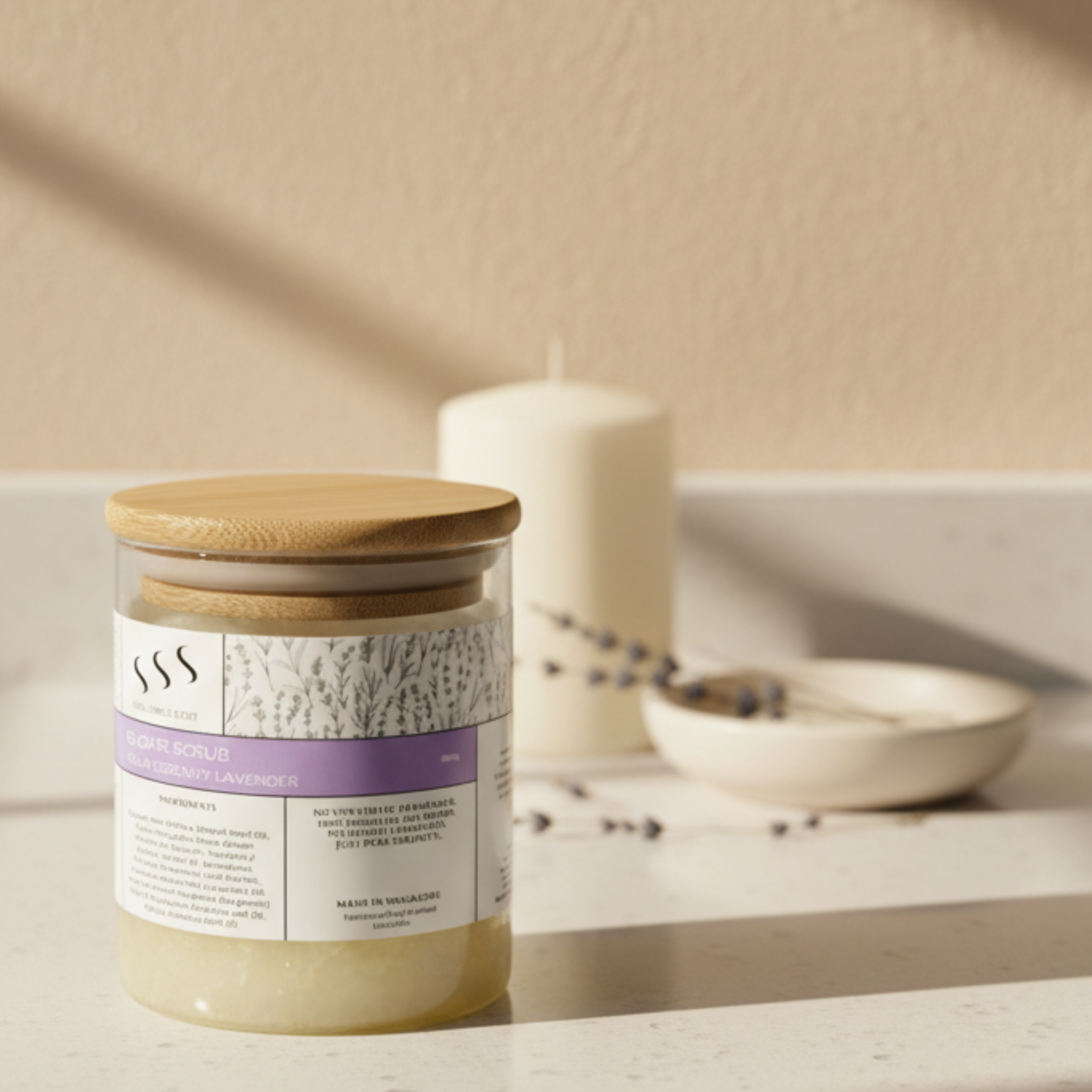 Lavender sugar scrub in glass jar with wooden lid minimalist calm aesthetic